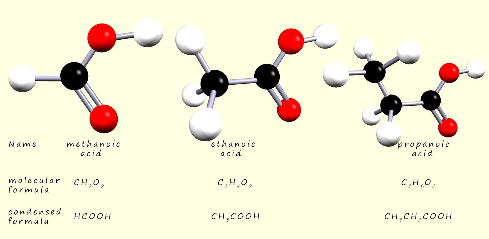 3d Models of the first three carboxylic acids, methanoic, ethanoic and propanoic acid.